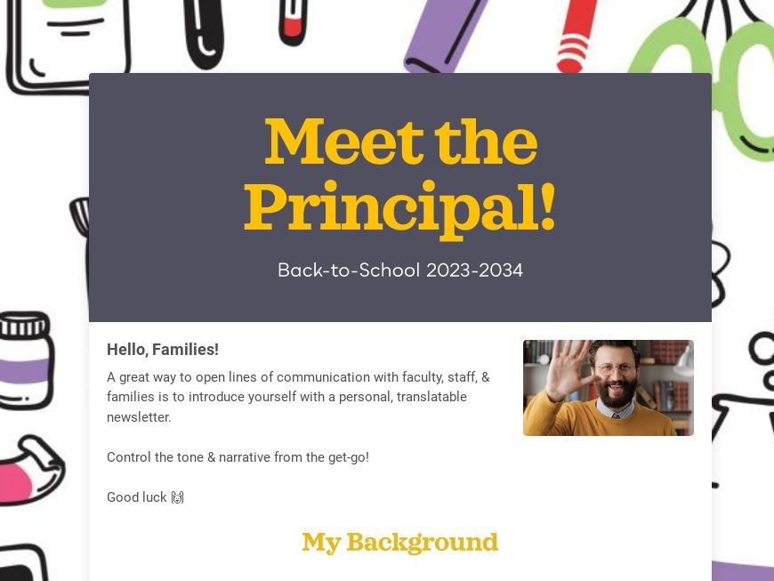 Screen shot of a Meet the Principal school newsletter template