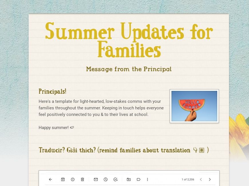 Principal Newsletter for Families in Summer