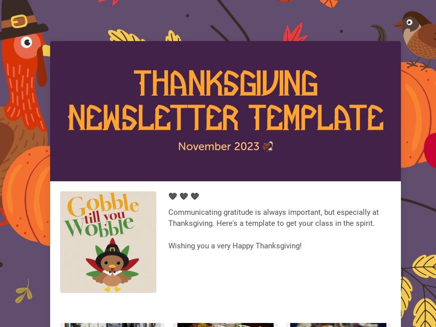 screenshot of a Thanksgiving school newsletter template