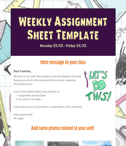 Weekly Assignment Sheet Template