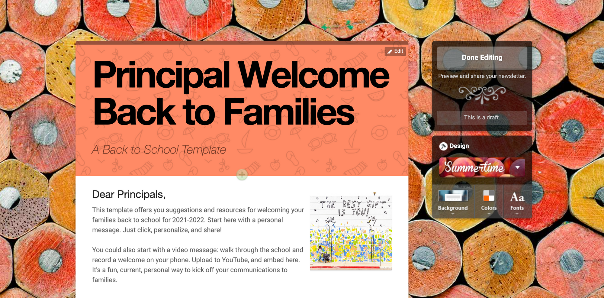 Back to school newsletter template titles Principal Welcome Back to Families from Smore's school newsletter template center