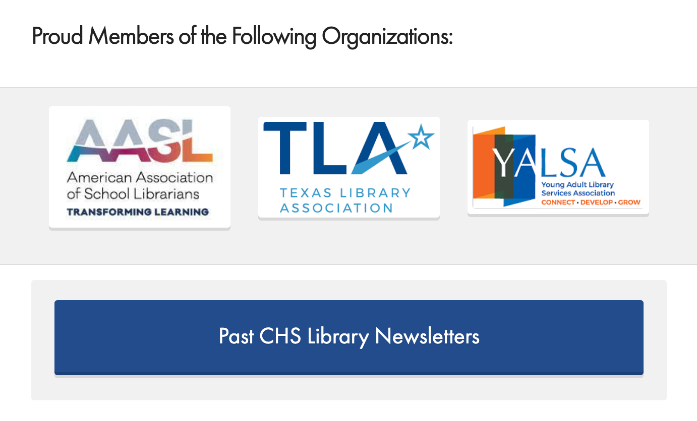 library association logos and button link to past CHS Library Newsletters