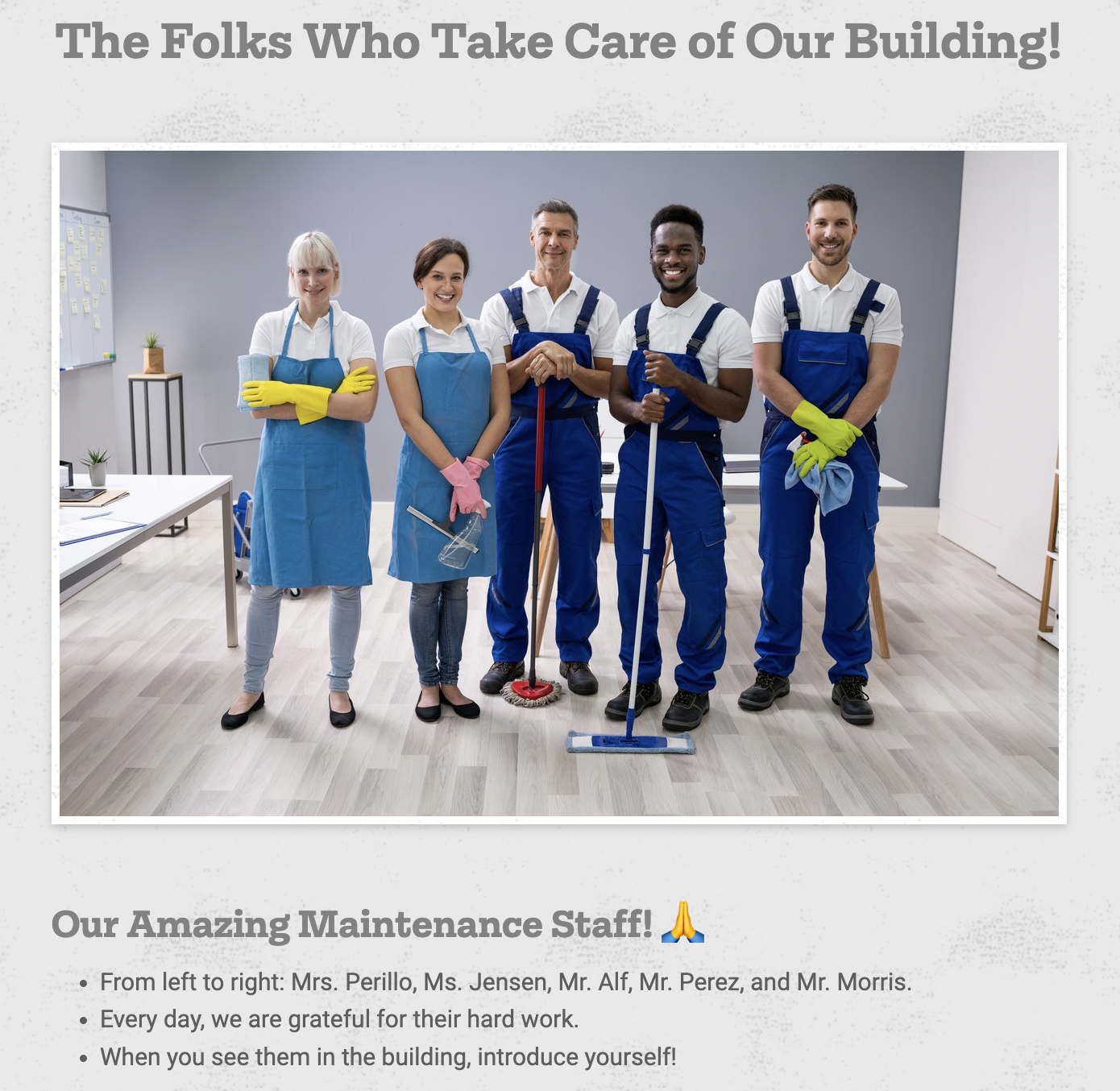 Photograph of the school maintenance staff