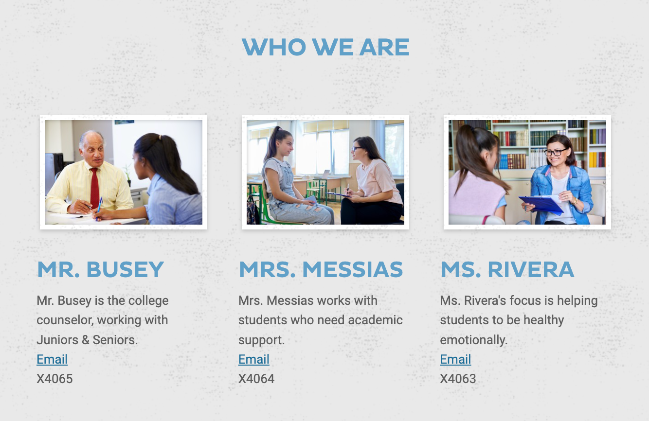Screen shot of a section of a newsletter with a photo and contact info for each school counselor.