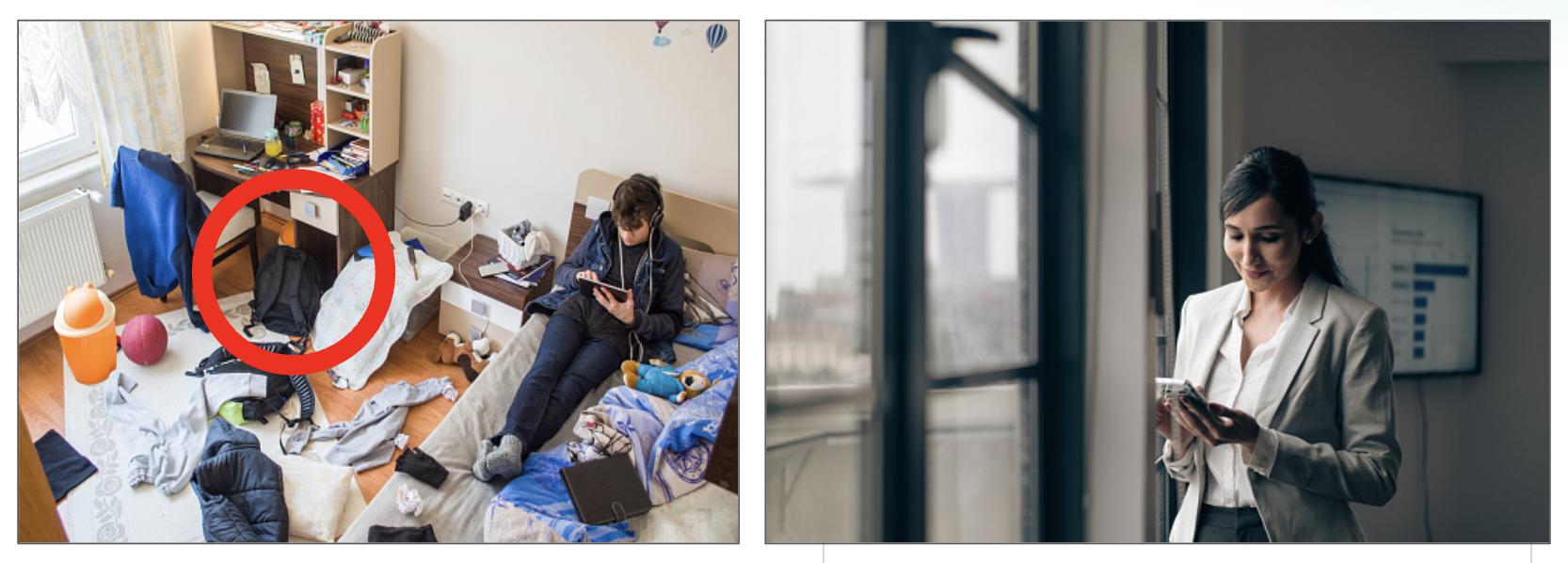 Pic of kid in messy room with messy backpack next to pic of mom looking at mobile phone