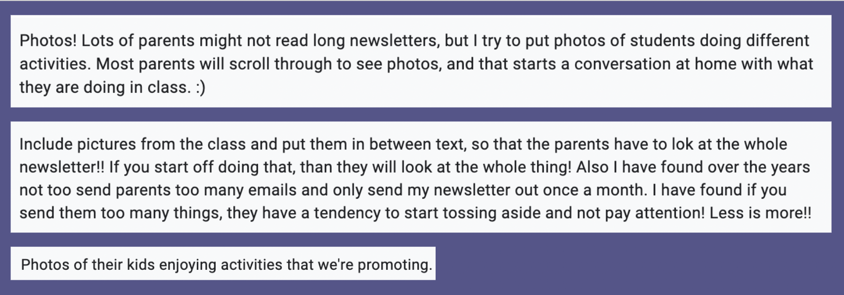 screenshot of typed suggestions from principals for how to use photos in newsletters