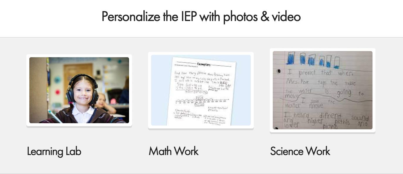 Snippet of an IEP school newsletter photo gallery of student & her classwork