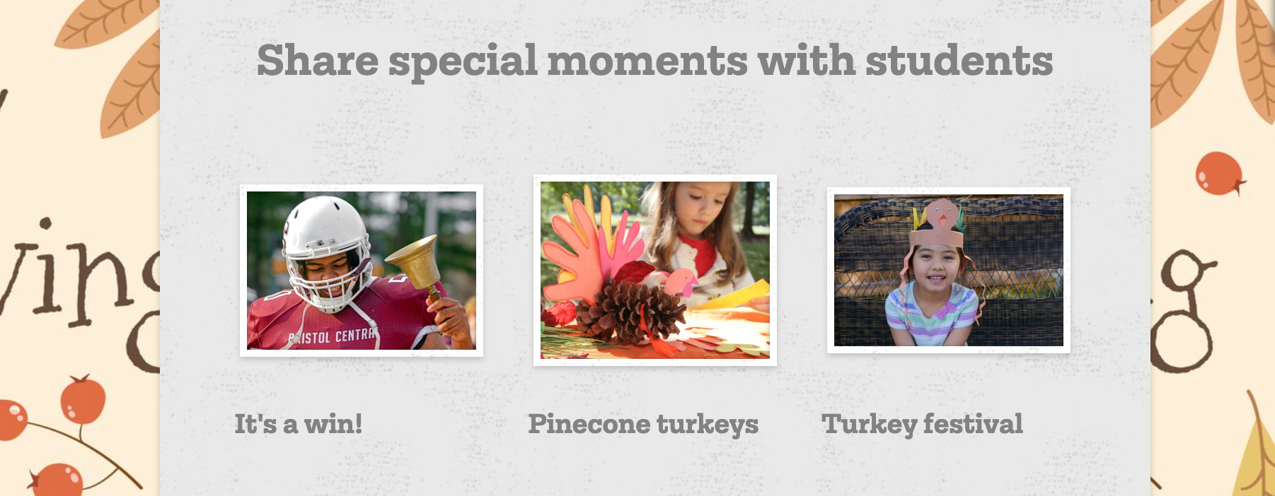 Screen shot of photo gallery of students in Thanksgiving Message to Families newsletter