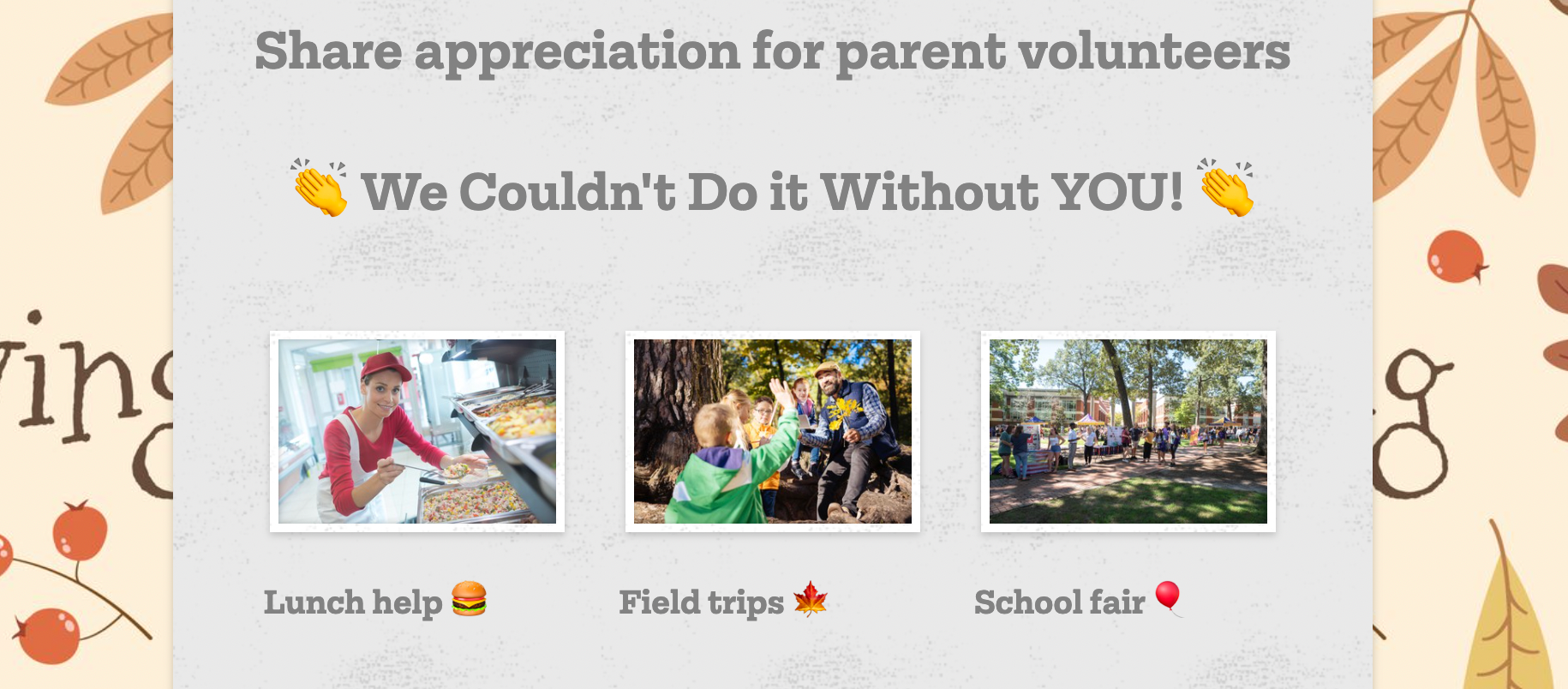Screen shot of thank you gallery of photos for parent volunteers in Thanksgiving newsletter