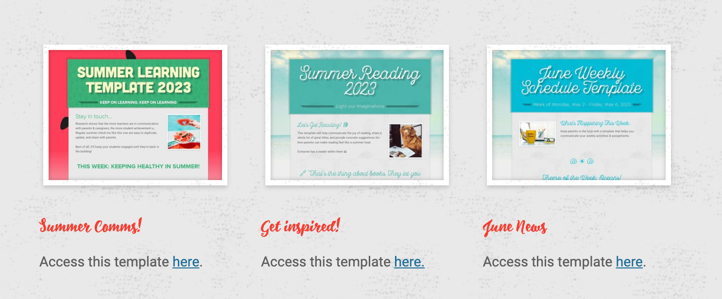 Three school newsletter templates shared in a newsletter