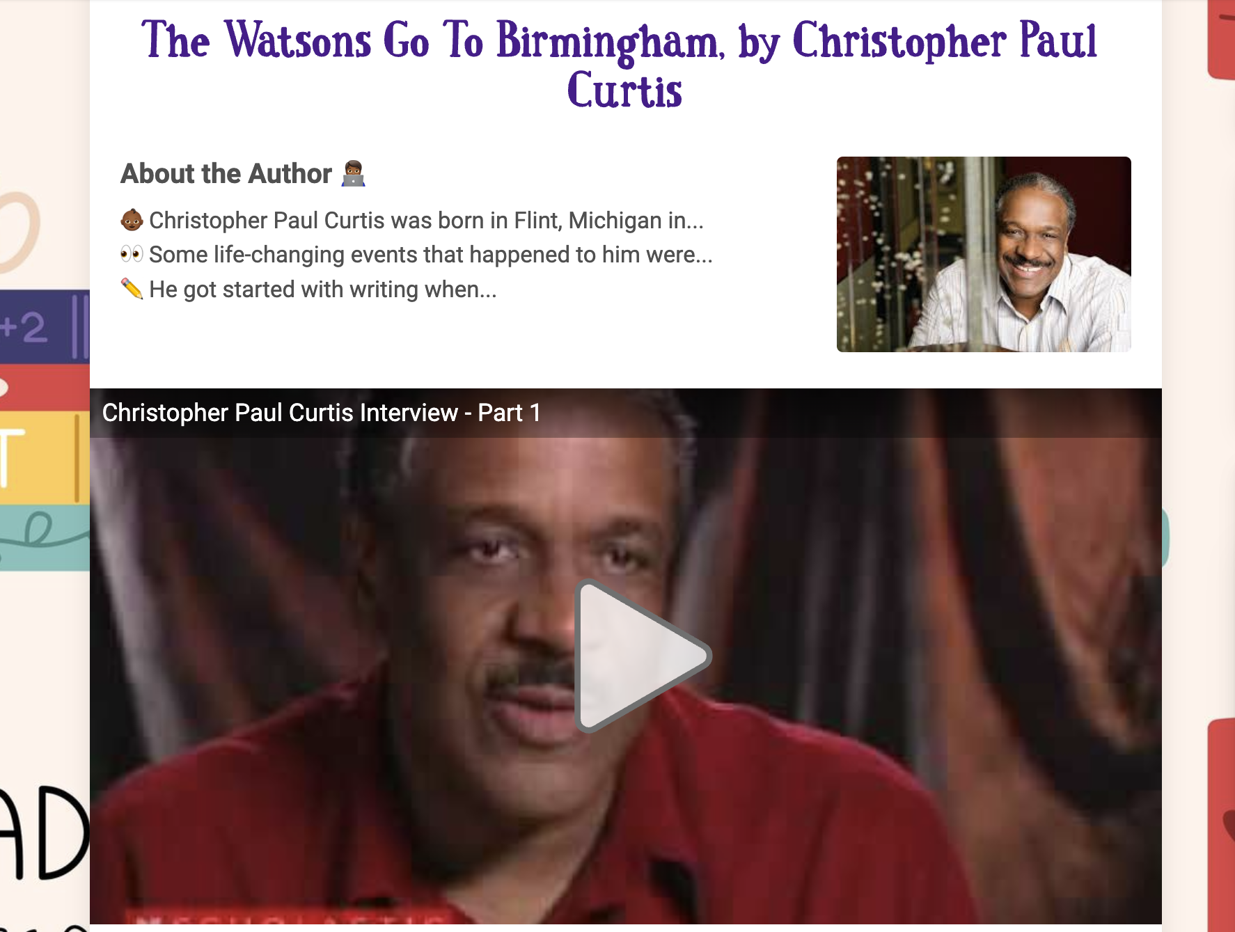 Section of newsletter about the author of The Watsons Go to Birmingham
